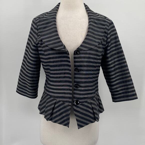 Samuel Dong Blazer Jacket Pleated Peplum Stitching Stripes Pattern Black Medium - Picture 2 of 7